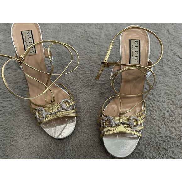 Gucci Whona Crystal Embellished Metallic Leather Sandals EU 39 STORE MODEL - Picture 2 of 9